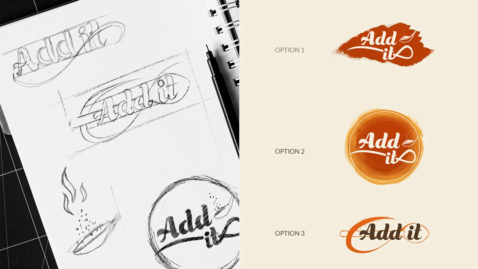 Add It logo design process - hand-drawn sketches and digital logo options