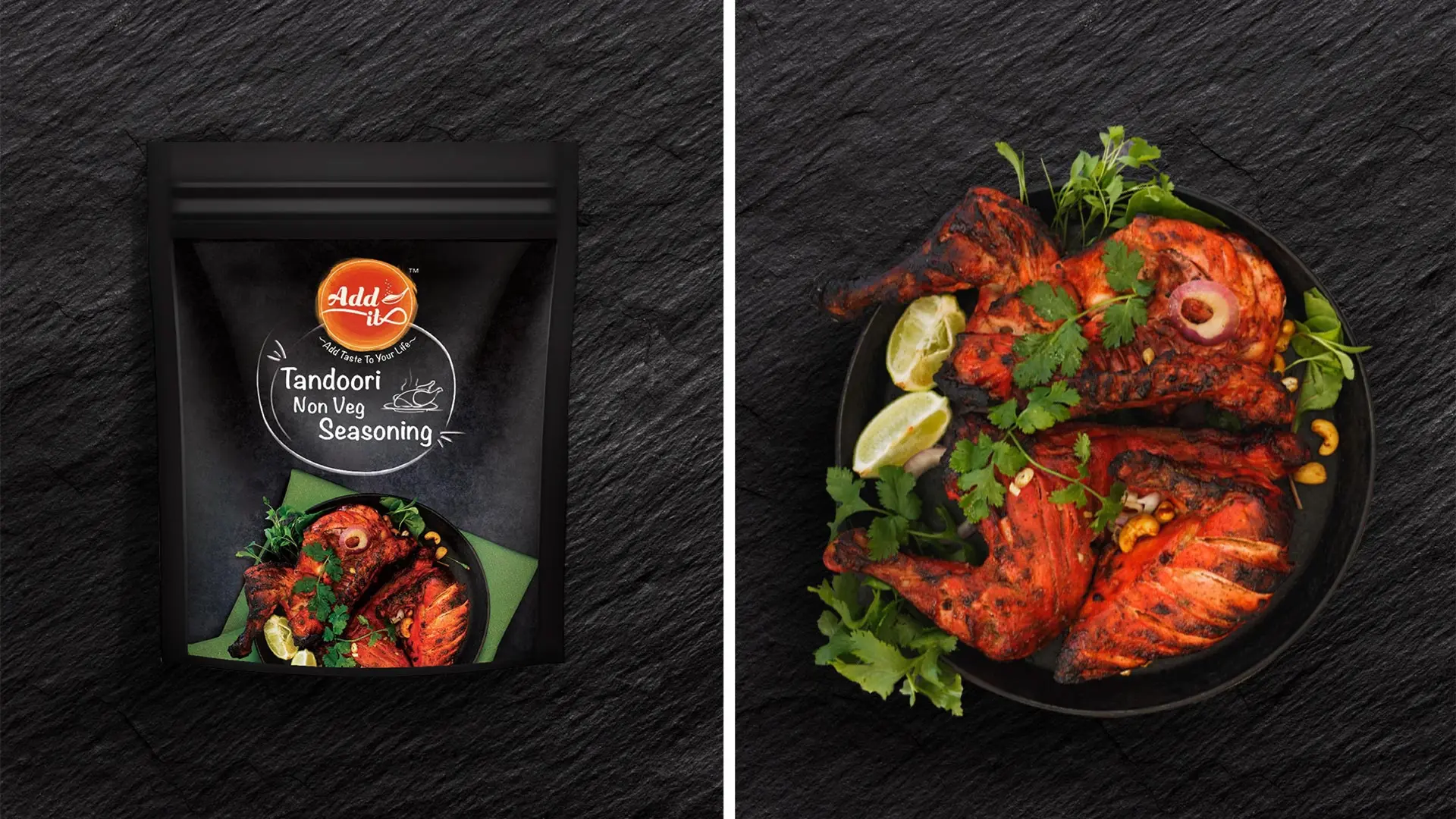 Add It Tandoori Non-Veg Seasoning packaging with grilled chicken food shot