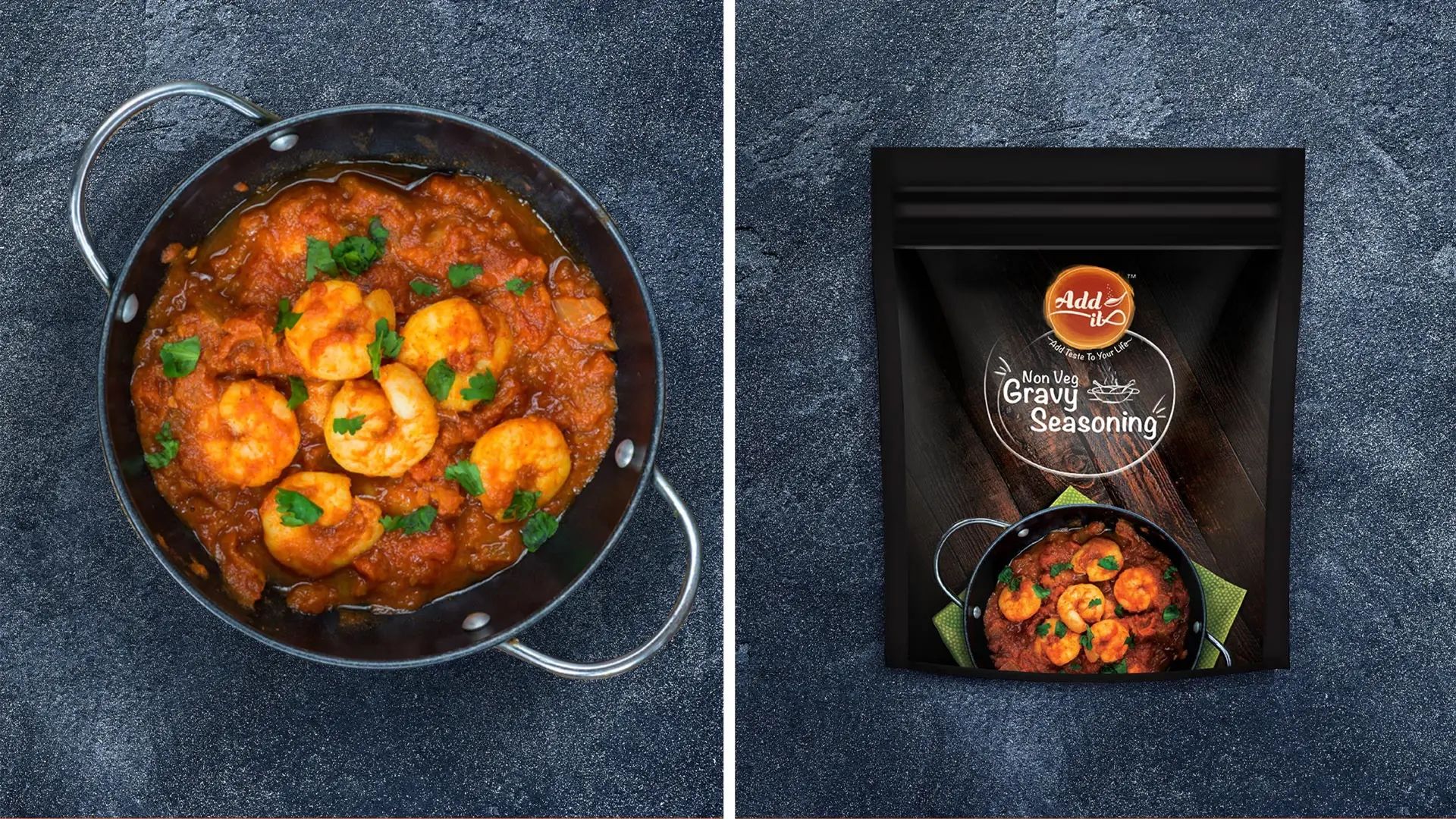 Add It Non-Veg Gravy Seasoning packaging with prawn curry food shot
