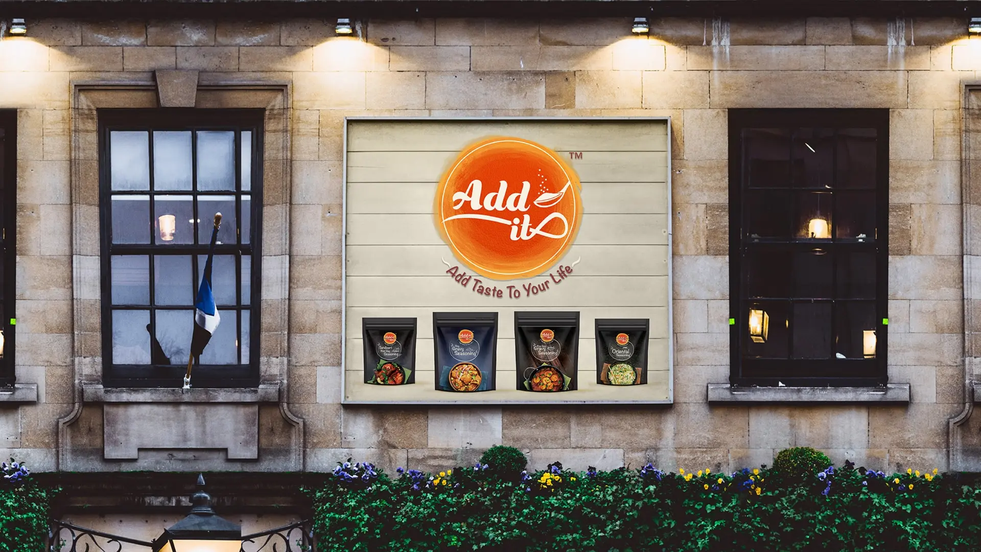 Add It brand billboard with seasoning product packaging - Add Taste to Your Life