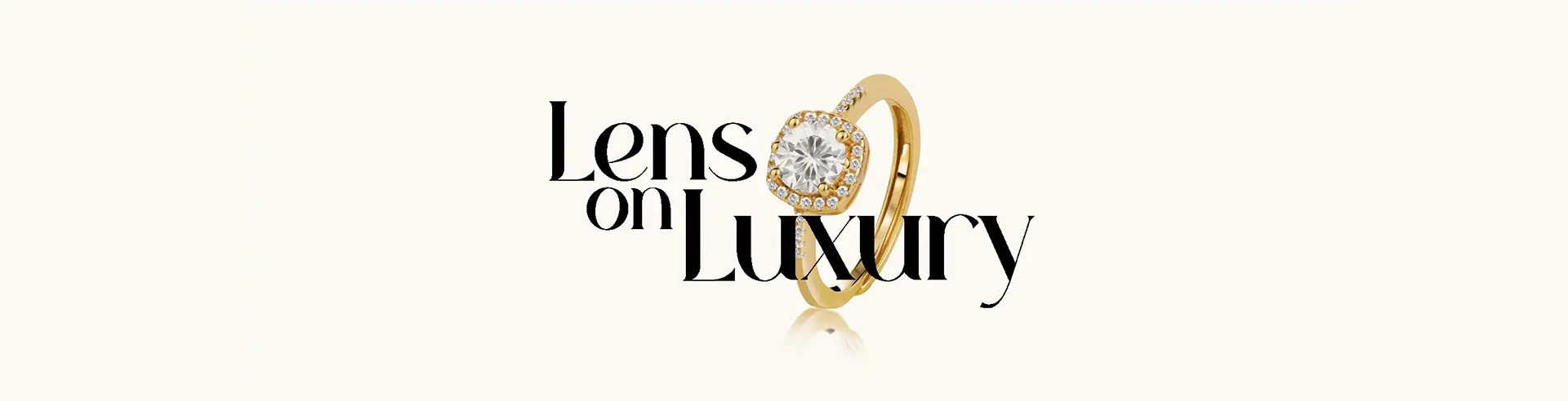 Gold diamond ring on a cream background with text Lens on Luxury showcasing fine jewelry elegance