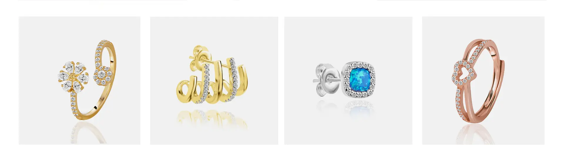 Mixed jewelry designs including gold and silver rings, earrings, and gemstone pieces displayed for an online jewelry store.
