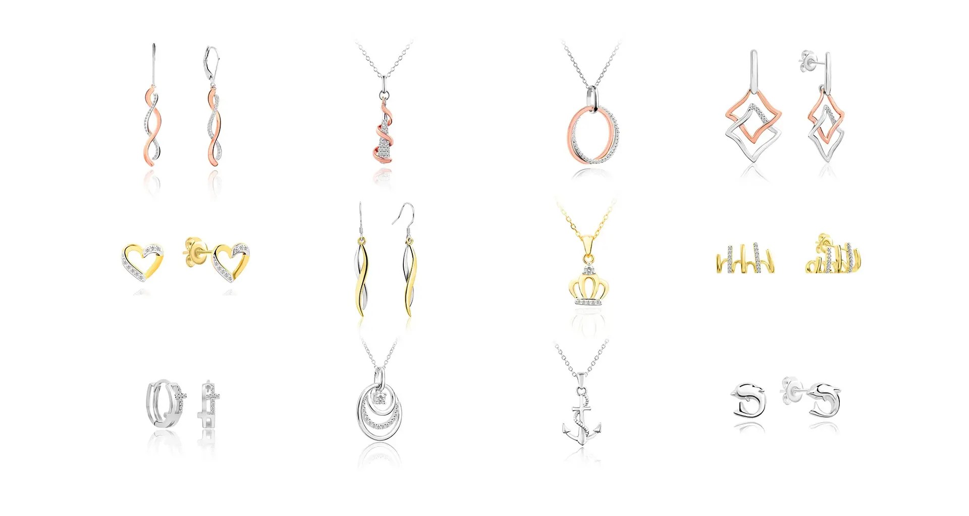 Elegant silver and gold jewelry set with necklaces and earrings displayed against a white background