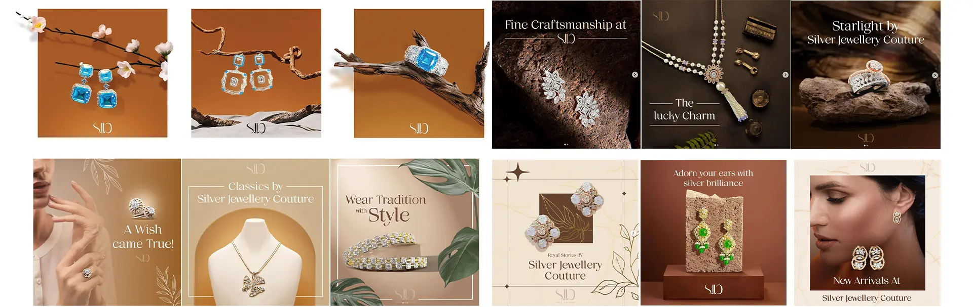 Luxury silver jewelry and gemstone product photography with blue and brown themed creative backgrounds.