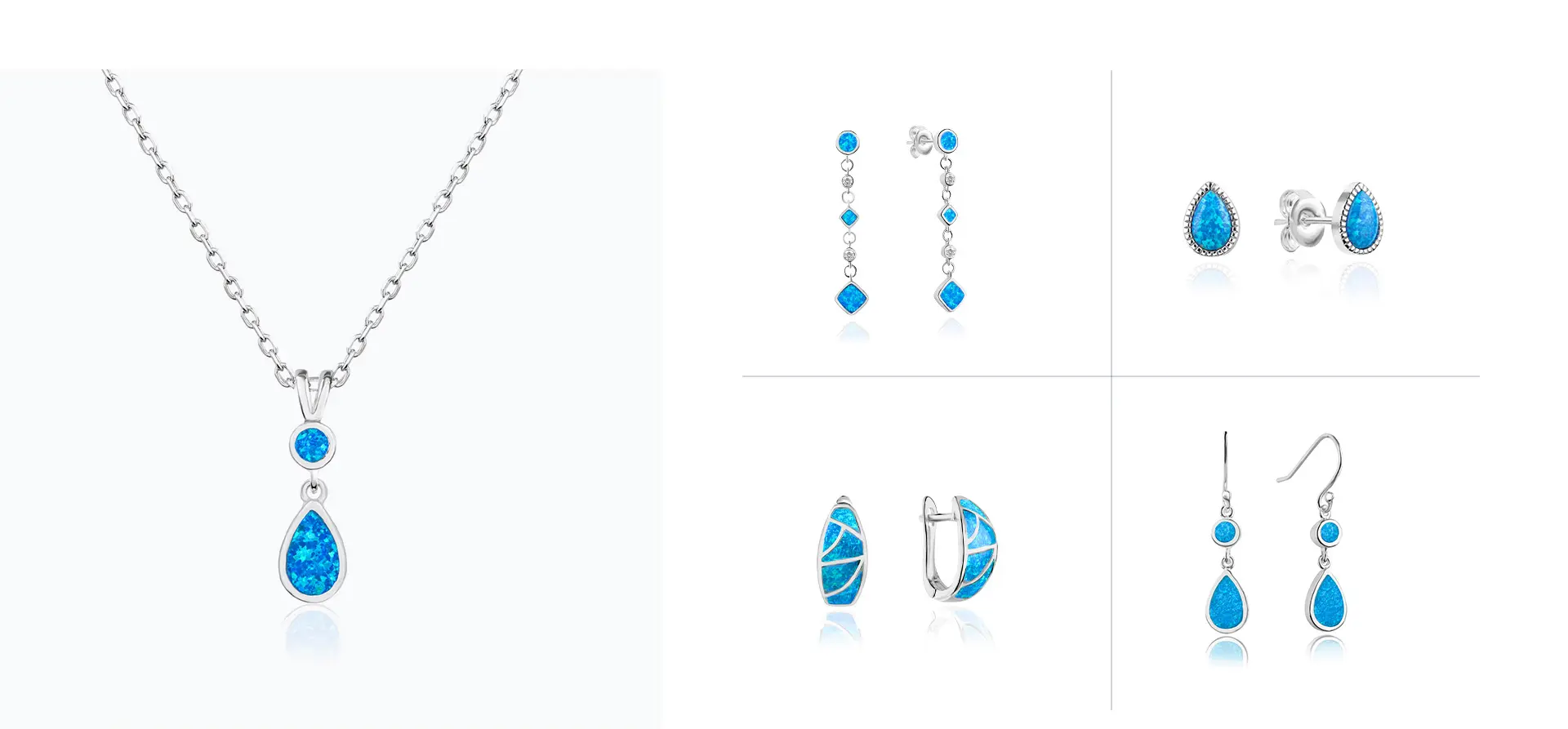 Blue opal silver jewelry collection including necklaces, earrings, and pendants displayed on a white background.