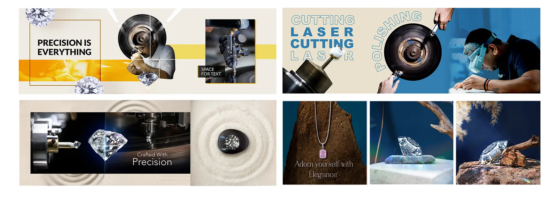 High-end diamond craftsmanship and jewelry manufacturing visuals showing cutting, polishing, and precision work.