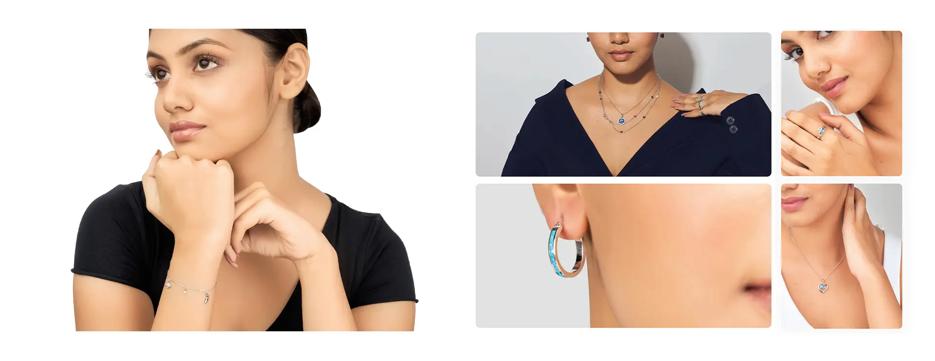 Model showcasing silver and blue gemstone jewelry including necklaces, earrings, and bracelets in a clean studio look