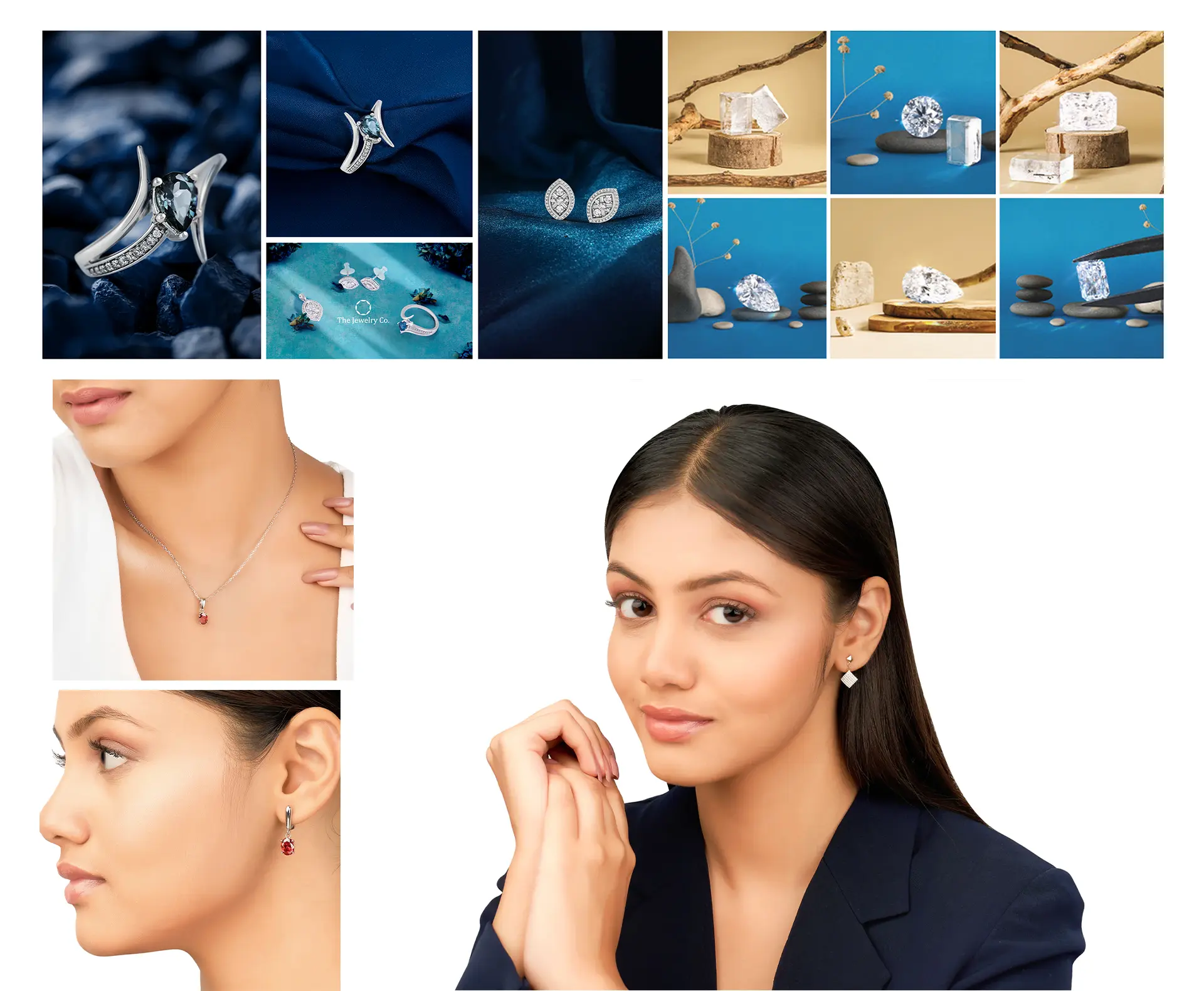 Silver and gemstone jewelry collection featuring rings, earrings, and necklaces displayed on textured backgrounds.